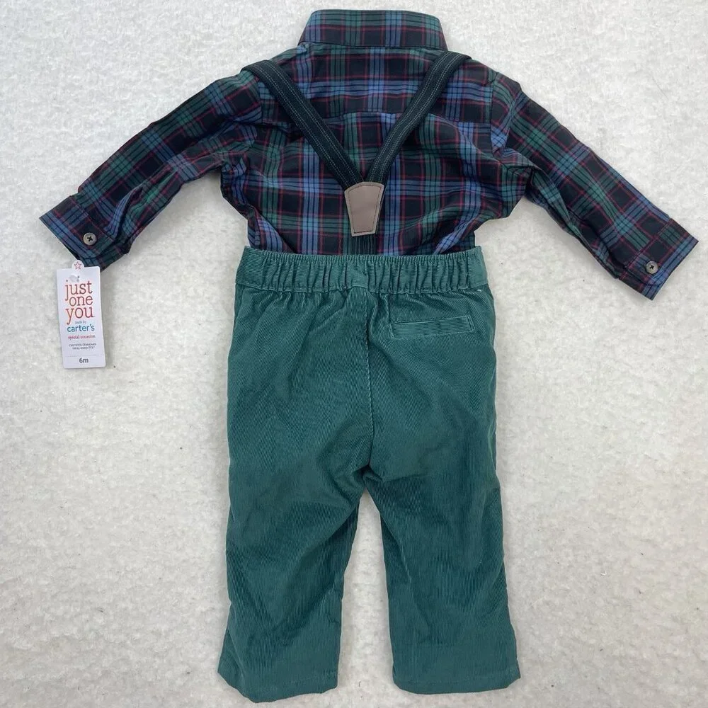CARTERS Just One You Suspender 3-Pc Plaid Top Green Corduroy Pants Boy 6 Months